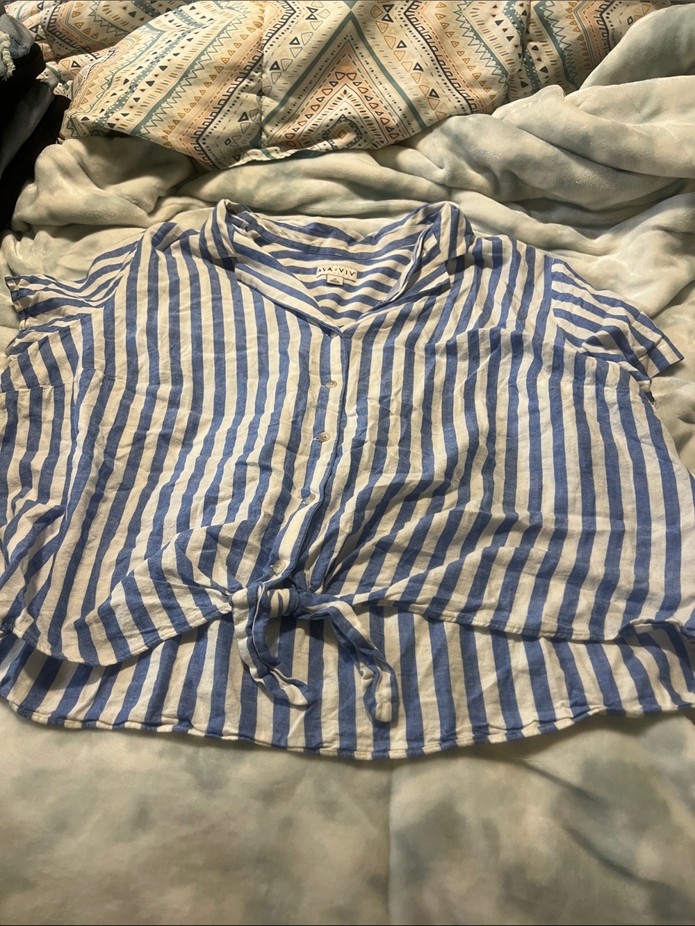 Ava & Viv Blue and White Striped Tie-Front Button Shirt